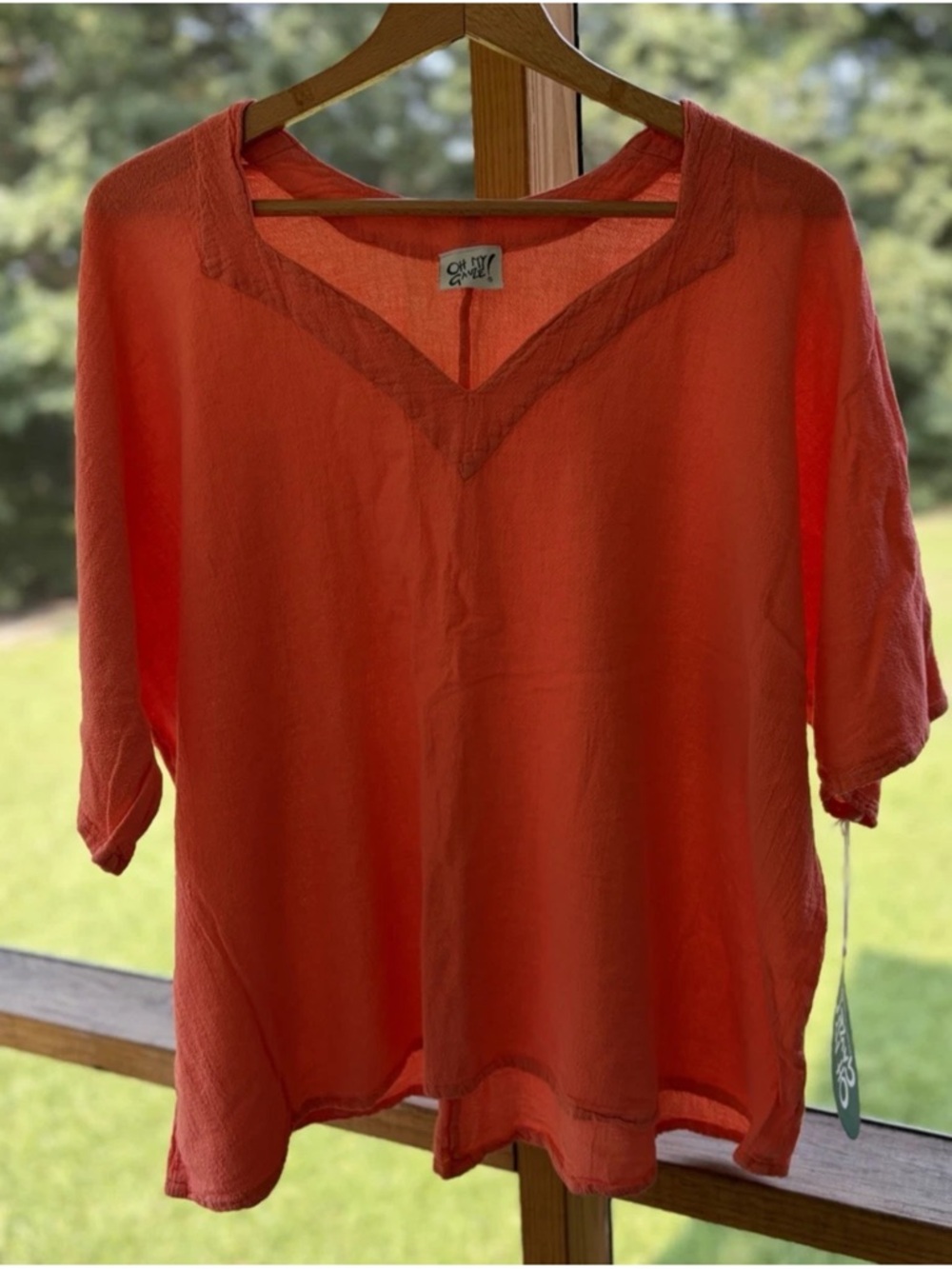 Oh My Gauze! Erin Tangerine Cotton Gauze Short Sleeve Boho Lagenlook Blouse